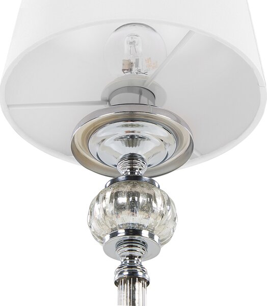 Stolná lampa na nočný stolík biele látkové tienidlo strieborný kovový podstavec glamour štýl obývacia izba spálňa