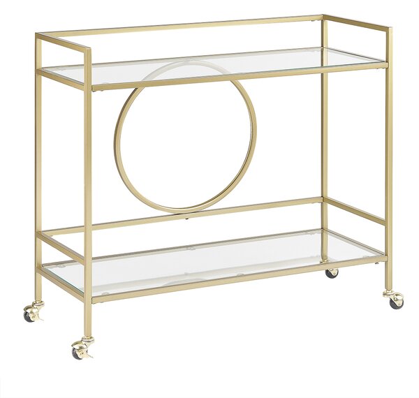 Kuchynský vozík zlatý kovový rám sklenená doska 75 x 45 cm na kolieskach úložný priestor glamour obývacia izba