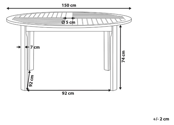 Záhradný jedálenský stôl svetlé akáciové drevo okrúhly 150 cm lamelový dizajn do interiéru a exteriéru