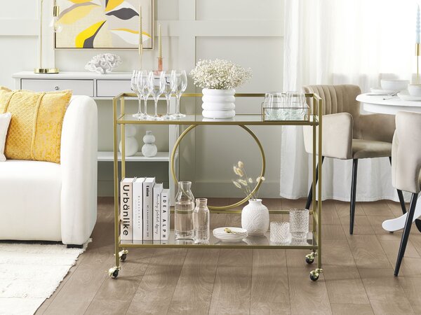 Kuchynský vozík zlatý kovový rám sklenená doska 75 x 45 cm na kolieskach úložný priestor glamour obývacia izba