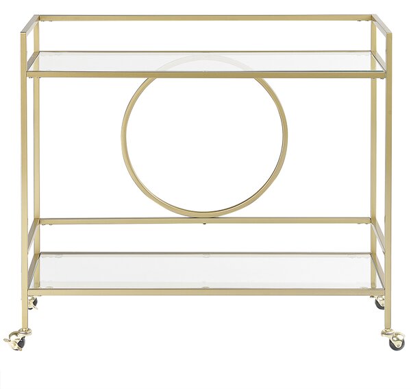 Kuchynský vozík zlatý kovový rám sklenená doska 75 x 45 cm na kolieskach úložný priestor glamour obývacia izba