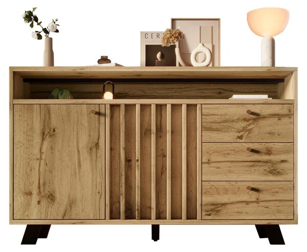 Komoda s rozmermi 120x40x85 cm, s povrchovou úpravou imitujúcou tmavé dubové drevo, s lameločnou prednou časťou, 3 zásuvkami a 2 dvierkami, v vintage štýle, vhodná do obývačky, jedálne a predsiene
