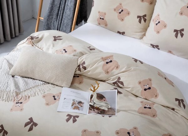 Bavlnená saténová posteľná bielizeň BEAR LIGHT béžová Rozmer: 200x200 cm