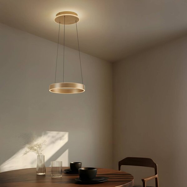 Lucande LED závesné svietidlo Tindra, Ø 40 cm, zlaté, stmievateľné, Mosadz / zlato, Obývacia izba / jedáleň, kov, Moderný, Závesné svietidlo