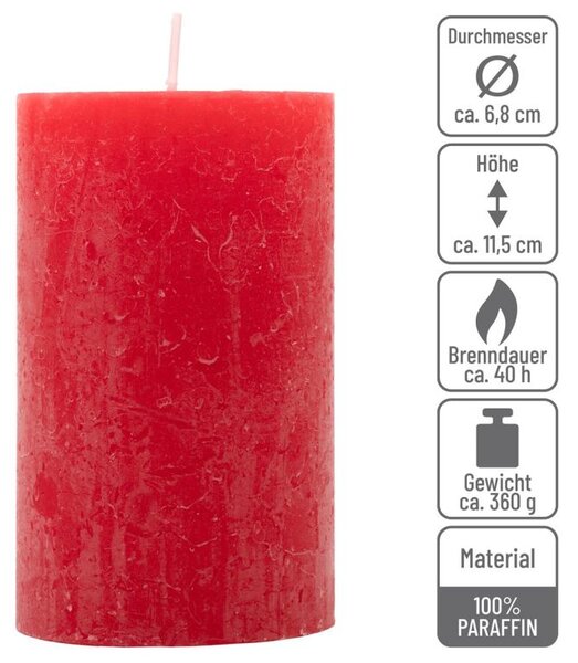 Červená parafínová sviečka rustikálna 11,5 cm, 40h, sada 6kk