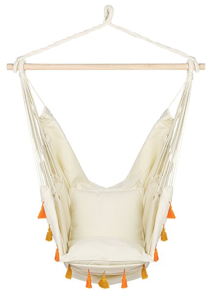Závesné hojdacie kreslo béžové bavlna a polyester oranžové strapce do interiéru a exteriéru boho štýl