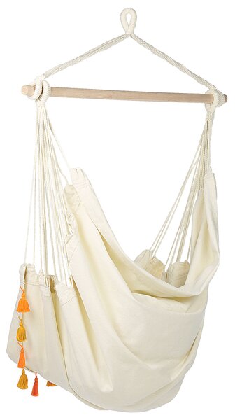 Závesné hojdacie kreslo béžové bavlna a polyester oranžové strapce do interiéru a exteriéru boho štýl