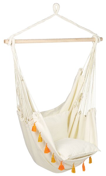 Závesné hojdacie kreslo béžové bavlna a polyester oranžové strapce do interiéru a exteriéru boho štýl