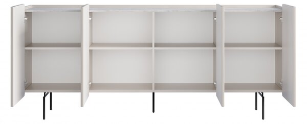 Komoda Malmi 200 cm štvordverová - kašmír / crema bianca / čierne nožičky