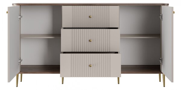 Komoda Vesper 160 cm so zásuvkami na nožičkách - kašmír / orech / zlaté nohy