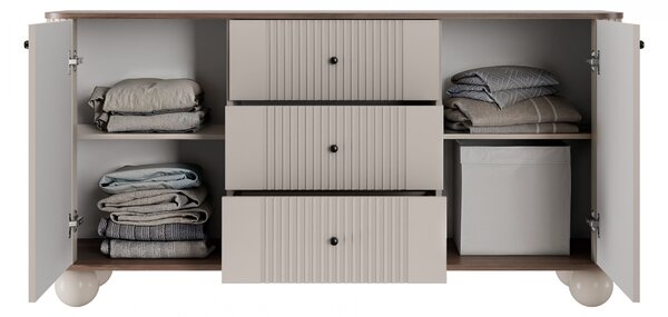 Komoda Vesper 160 cm so zásuvkami na guľatých nohách - kašmír / orech / čierne úchytky