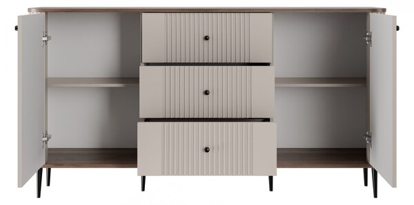Komoda Vesper 160 cm so zásuvkami na nožičkách - kašmír / orech / čierne nohy