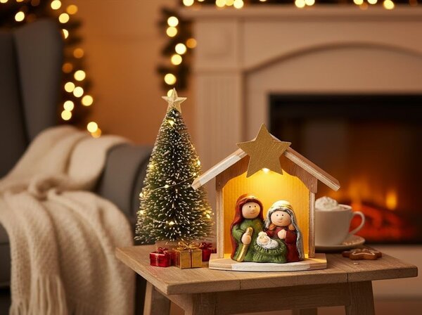 Prírodný svietiaci Betlehem s keramickými postavičkami Nativity - 14*6*15 cm - J-Line by Jolipa