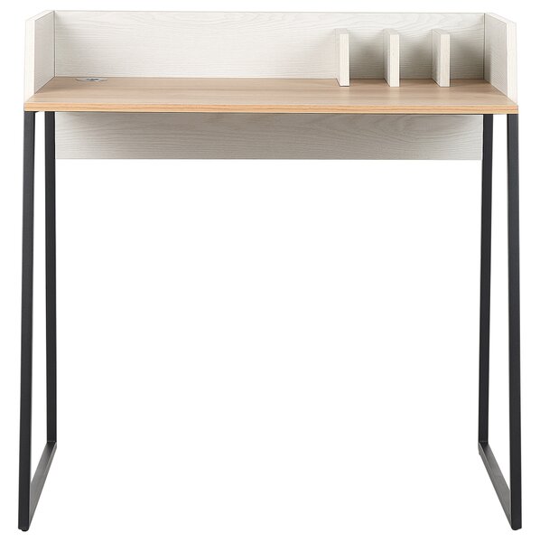 Písací stôl svetlé drevo a biela MDF materiál 90 x 60 cm pracovný stôl s organizérom