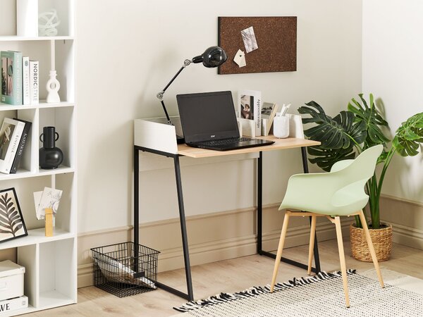 Písací stôl svetlé drevo a biela MDF materiál 90 x 60 cm pracovný stôl s organizérom