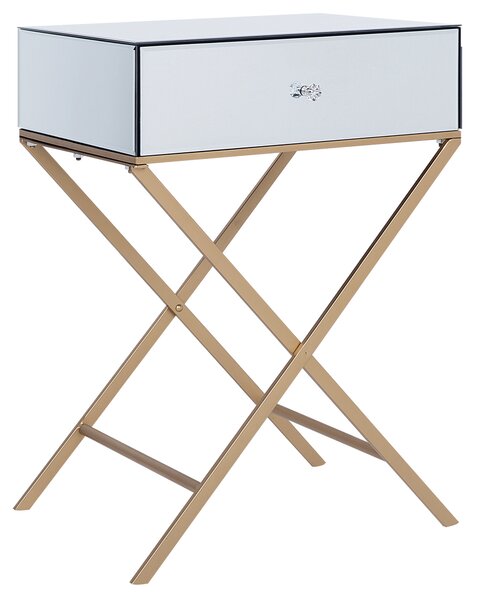 Bočný stolík strieborný zrkadlový vrch zlaté kovové nohy 50 x 40 cm moderný elegantný štýl jedna zásuvka