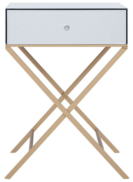 Bočný stolík strieborný zrkadlový vrch zlaté kovové nohy 50 x 40 cm moderný elegantný štýl jedna zásuvka