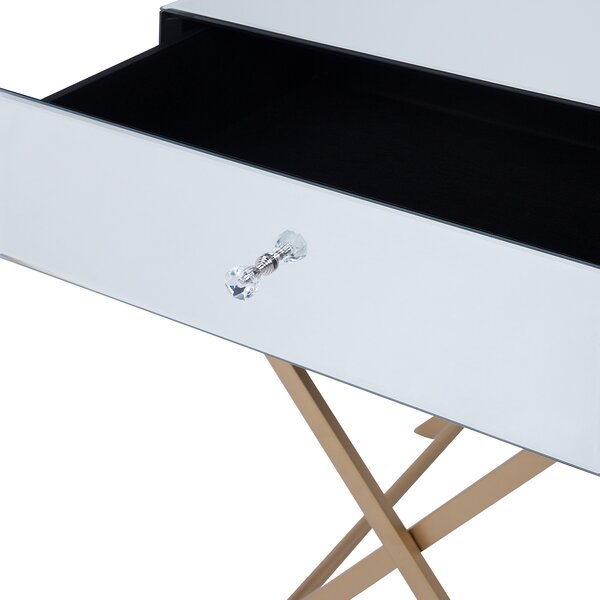 Bočný stolík strieborný zrkadlový vrch zlaté kovové nohy 50 x 40 cm moderný elegantný štýl jedna zásuvka