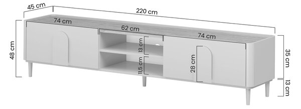 TV skrinka so zásuvkou Amilio 220 cm na nožičkách - kašmír / olejovaný dub / úchytky kašmír