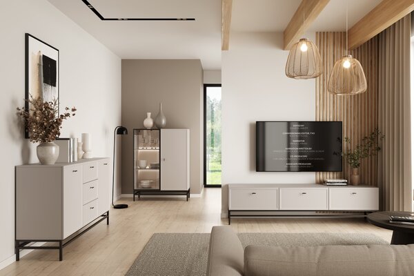 TV stolík Lorini 200 cm na stojane – kašmírová / čierna / úchytky T