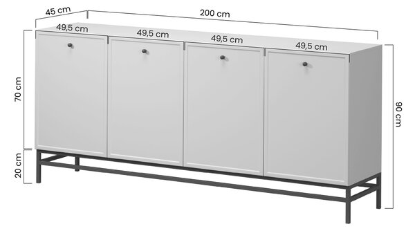 Komoda Lorini 200 cm štvor­dverová - kašmír / čierne úchytky T-bar / kovové nohy