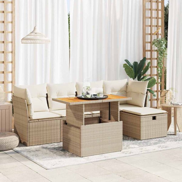 Maison Exclusive – 6-dielna záhradná súprava s vankúšmi, béžová, polyratan, akácia