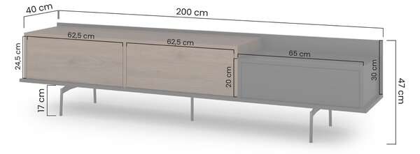 RTV skrinka Zenar 200 cm s kovovými nohami a zásuvkou - elegantný orech / čierna
