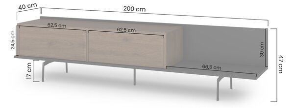 RTV skrinka Zenar 200 cm s kovovými nohami - elegantný orech / čierny