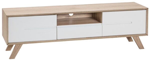 TV stolík biely svetlé drevo so zásuvkou 2 otváracie skrinky moderný dizajn škandinávsky štýl