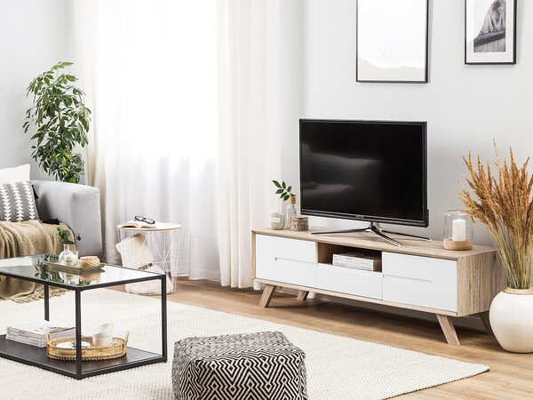 TV stolík biely svetlé drevo so zásuvkou 2 otváracie skrinky moderný dizajn škandinávsky štýl