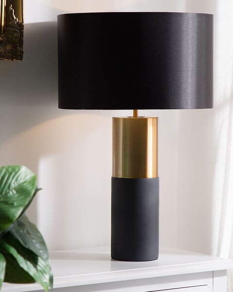 Stolná lampa nočné svetlo okrúhla sivá základňa okrúhle čierne látkové bubnové tienidlo