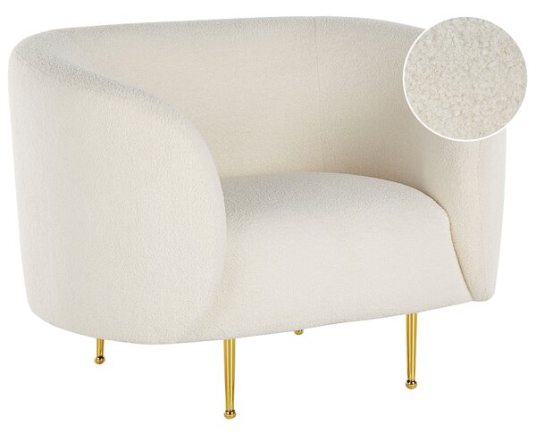 Kreslo biele buklé čalúnenie zlaté nohy zaoblené operadlo retro glamour art deco štýl