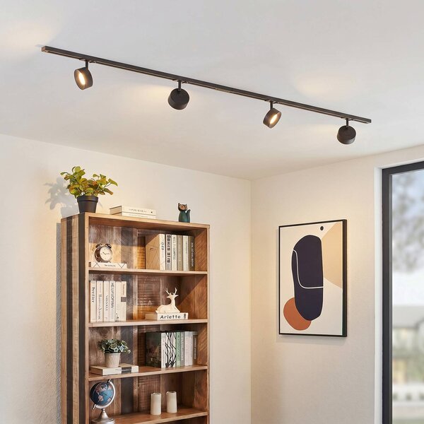 Lindby Systém lišt Linaro, Ø 9,5 cm, 4-pl., LED, čierny, Čierna, Pracovňa / Kancelária, Hliník, Moderný, Koľajnicový systém