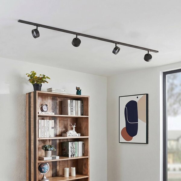 Lindby Systém lišt Linaro, Ø 9,5 cm, 4-pl., LED, čierny, Čierna, Pracovňa / Kancelária, Hliník, Moderný, Koľajnicový systém