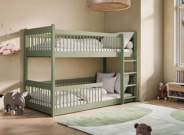 MAXMAX Detská poschodová posteľ s Montessori lôžkom z masívu borovice BOLEK - 200x90 cm - OLIVOVO ZELENÁ