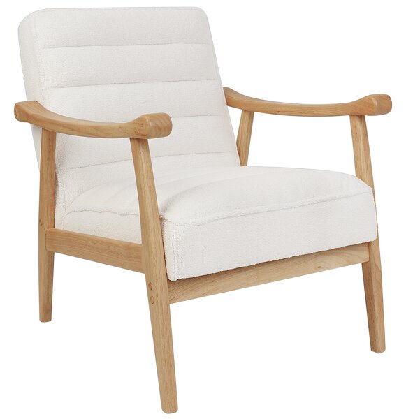 Kreslo biele buklé čalúnenie polyester retro dizajn drevené nohy opierky rúk obývacia izba