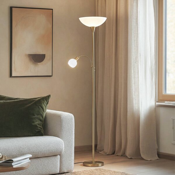 Stojacia lampa Lindby Elaina, svetlo na čítanie, mosadzná farba, 183cm E27, Mosadz / zlato, Obývacia izba / jedáleň, kov, Moderný, Zemné bodové svetlo