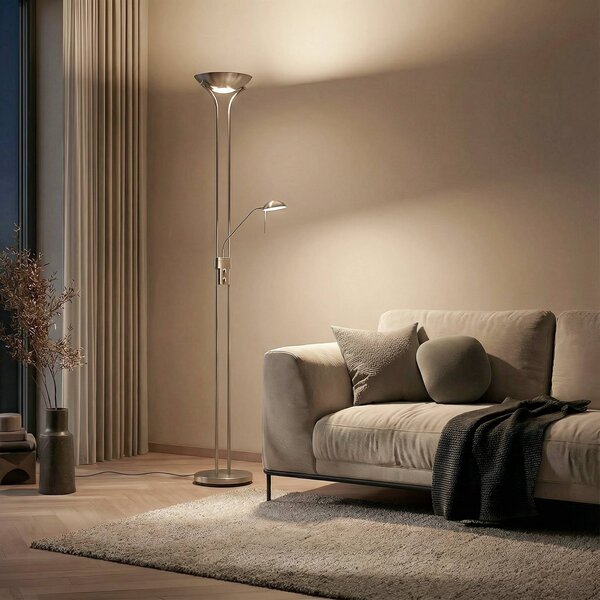 Lindby LED stojacia lampa Josefin, nikel, svetlo na čítanie, stmievateľné, Hliník / sivá / zinok, Obývacia izba / jedáleň, kov, Moderný, Zemné bodové svetlo