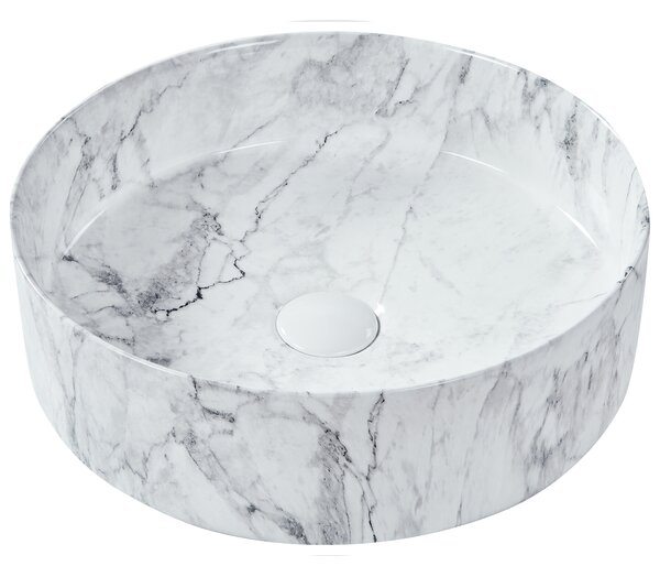 Kúpeľňové umývadlo na dosku biele keramické okrúhle ⌀ 40 cm mramorový vzhľad moderná kúpeľňa