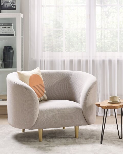 Kreslo béžové polyesterové čalúnenie zlaté nohy zaoblené operadlo retro glamour art deco štýl