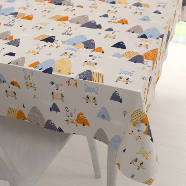 Biante Detský bavlnený obdĺžnikový obrus Sandra SA-613 Modro-oranžové lesné zvieratká na bledo sivom 50x100 cm