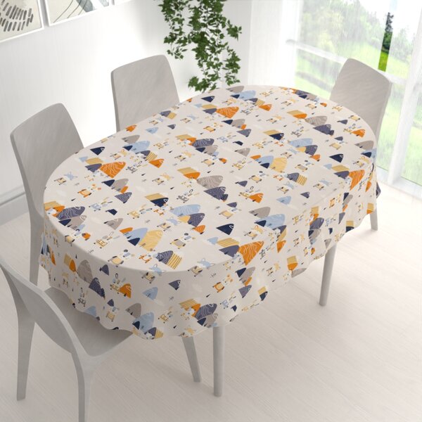 Biante Detský bavlnený oválny obrus Sandra SA-613 Modro-oranžové lesné zvieratká na bledo sivom 50x100 cm