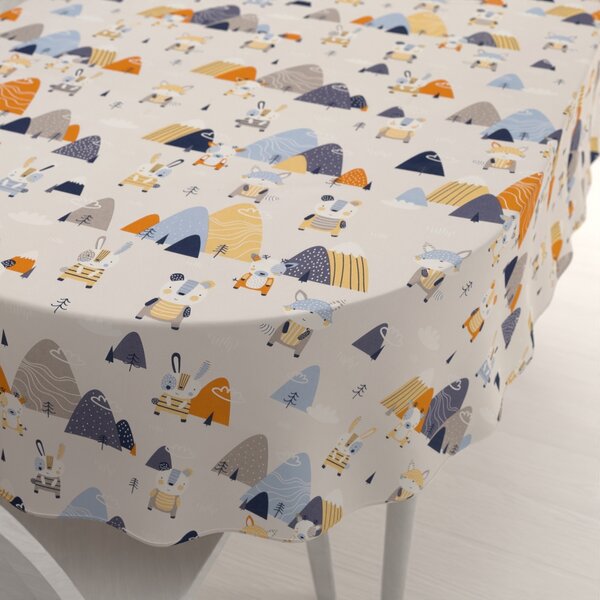 Biante Detský bavlnený oválny obrus Sandra SA-613 Modro-oranžové lesné zvieratká na bledo sivom 50x100 cm