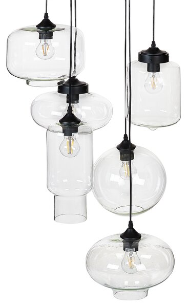 Závesná lampa priehľadná sklenené tienidlá čierna železo 6 svetiel moderný dizajn doplnky obývacia izba