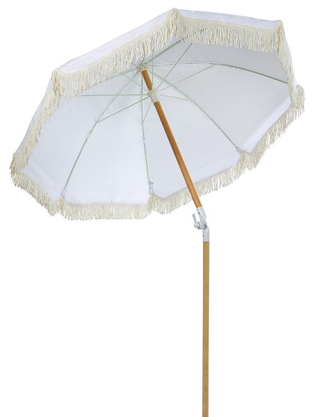 Záhradný slnečník biely polyester tyč z bukového dreva ⌀ 150 cm okrúhly nastaviteľný UV odolný retro štýl exteriér