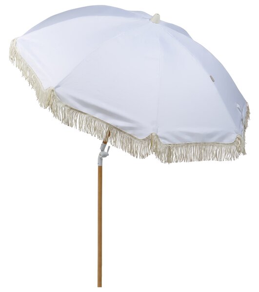 Záhradný slnečník biely polyester tyč z bukového dreva ⌀ 150 cm okrúhly nastaviteľný UV odolný retro štýl exteriér