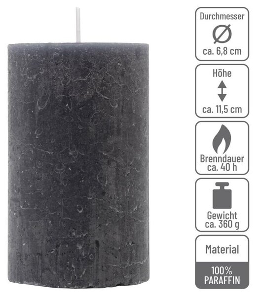 Antracitová parafínová sviečka, rustikálna, 11,5 cm, 40 hodí