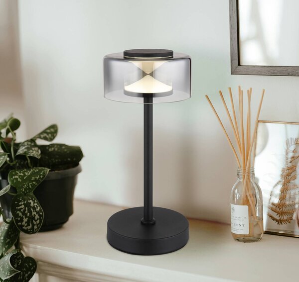 Stolová LED lampa Belinda, dymovo sivá, výška 33 cm, kov, Hliník / sivá / zinok, Obývacia izba / jedáleň, Sklo, Stojacie svietidlo