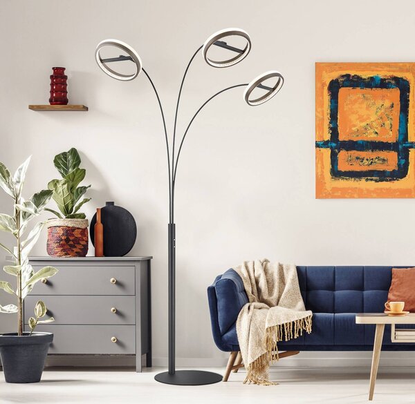 LED stojacia lampa Della, výška 190 cm, čierna/tmavosivá, 3-pl., Čierna, Obývacia izba / jedáleň, Hliník, Moderný
