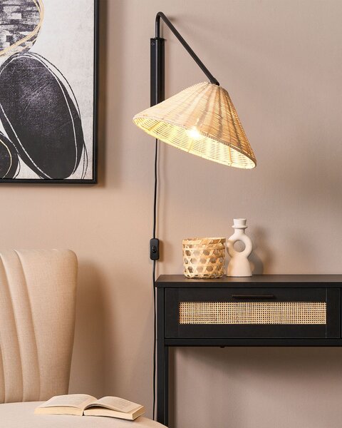 Nástenná lampa prírodný ratan 33 cm kužeľové tienidlo svetlo na nočný stolík spálňa obývacia izba boho rustikálny štýl